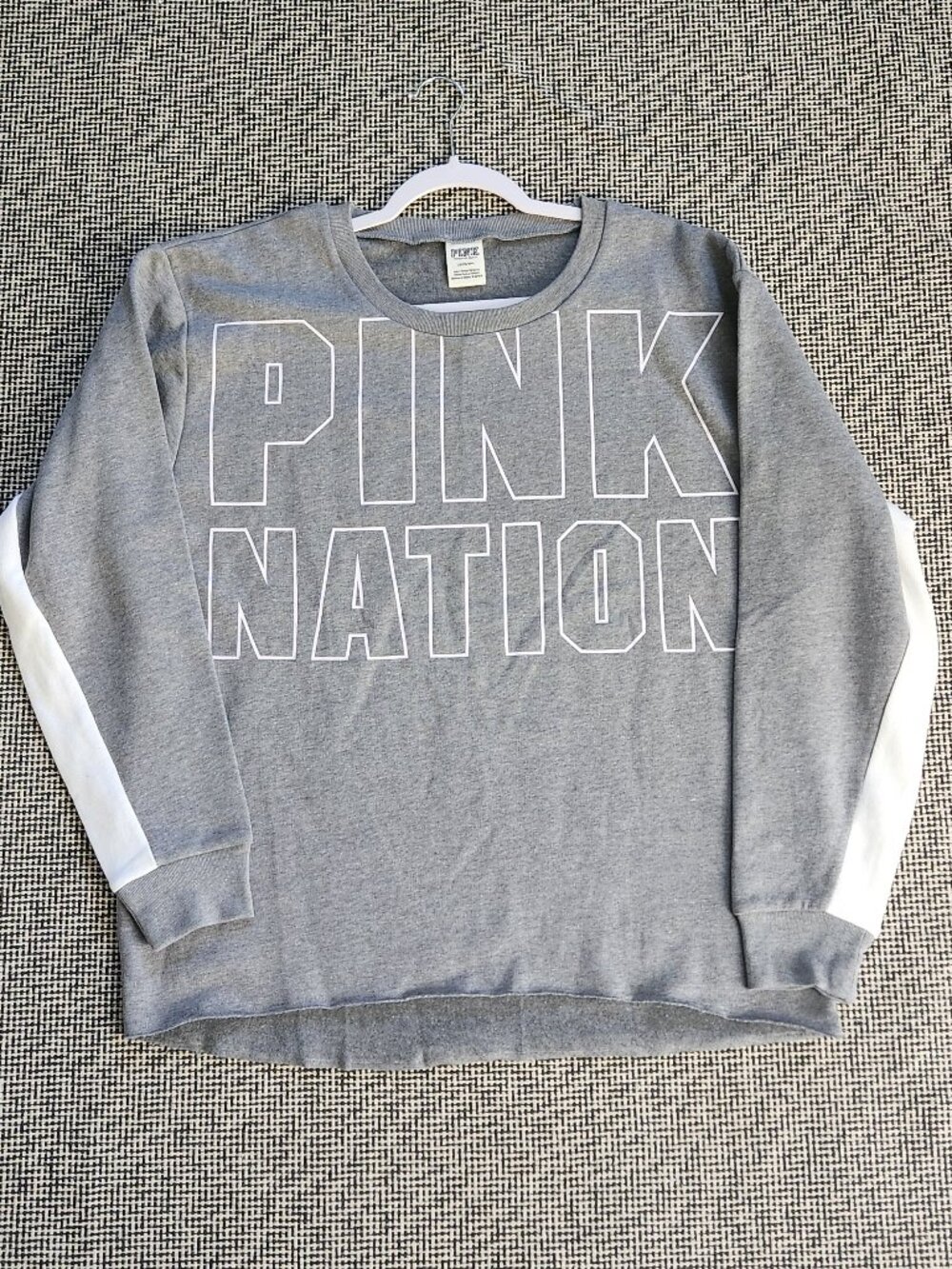 PINK Victoria’s Secret Pink Nation Heather Grey White Stripe Crewneck Sweatshirt